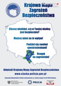 Na zdjęciu plakat promujący krajową mapę zagrożeń bezpieczeństwa, mapa Polski z naniesionymi punktami zagrożeń.